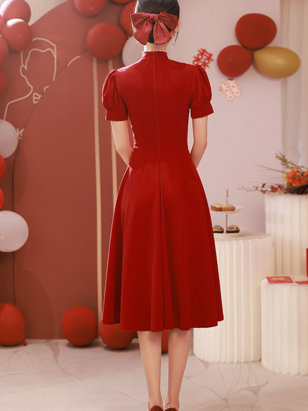 Burgundy A-Line Puff Sleeve Wedding Cheongsam Qi Pao Dress