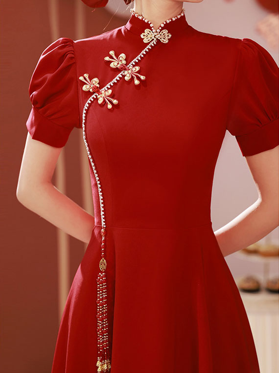 Burgundy A-Line Puff Sleeve Wedding Cheongsam Qi Pao Dress