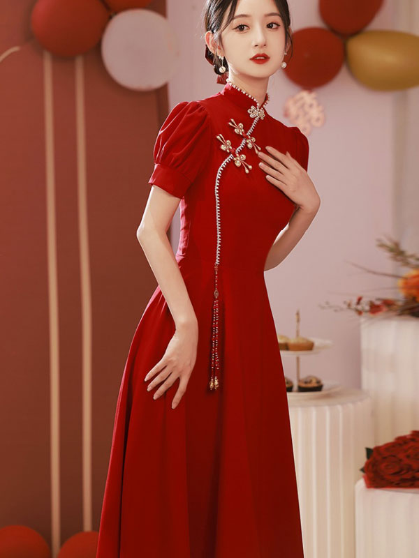Burgundy A-Line Puff Sleeve Wedding Cheongsam Qi Pao Dress
