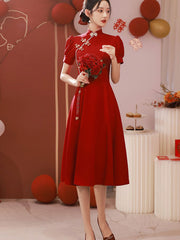 Burgundy A-Line Puff Sleeve Wedding Cheongsam Qi Pao Dress