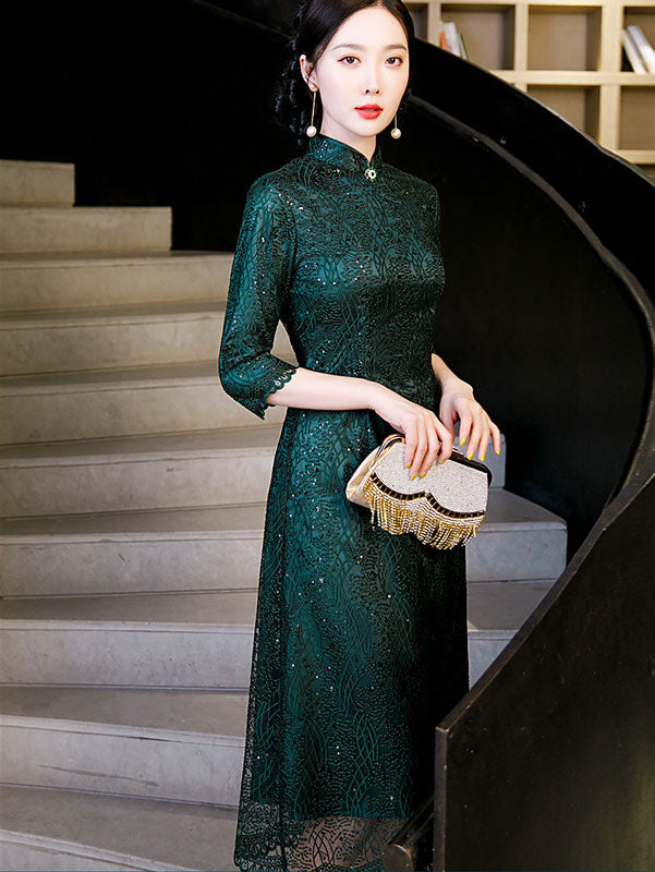 Green Mothers Sequined A-Line Cheongsam Qi Pao Dress