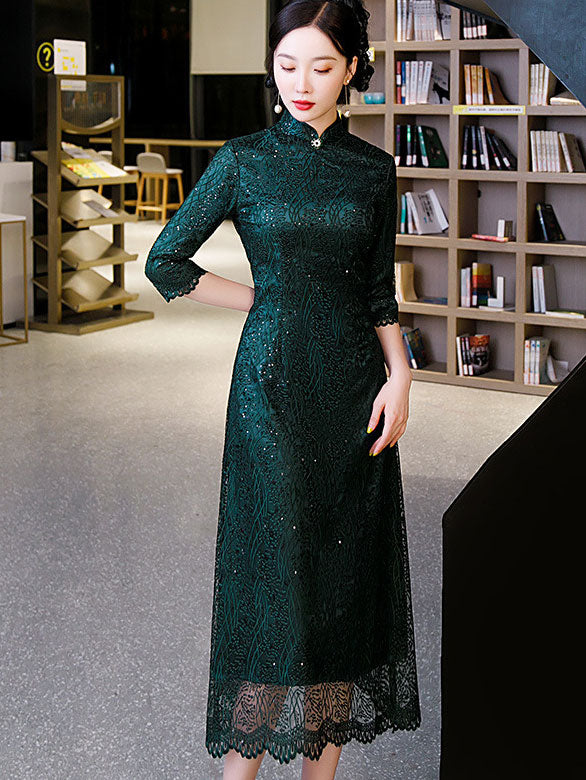Green Mothers Sequined A-Line Cheongsam Qi Pao Dress