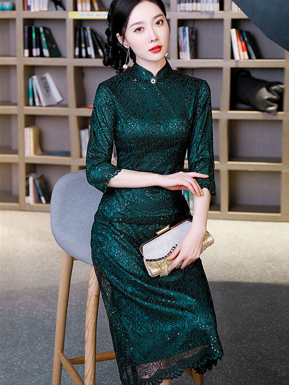 Green Mothers Sequined A-Line Cheongsam Qi Pao Dress