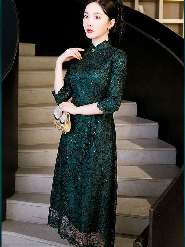 Green Mothers Sequined A-Line Cheongsam Qi Pao Dress