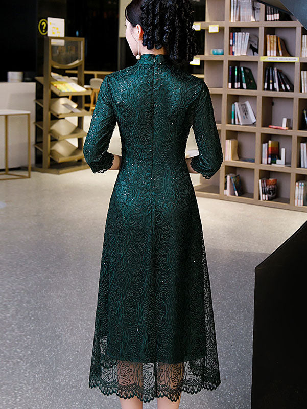 Green Mothers Sequined A-Line Cheongsam Qi Pao Dress