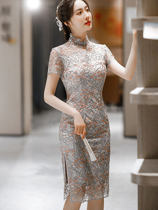 Illusion Gray Floral Lace Modern  Cheongsam Qi Pao Dress