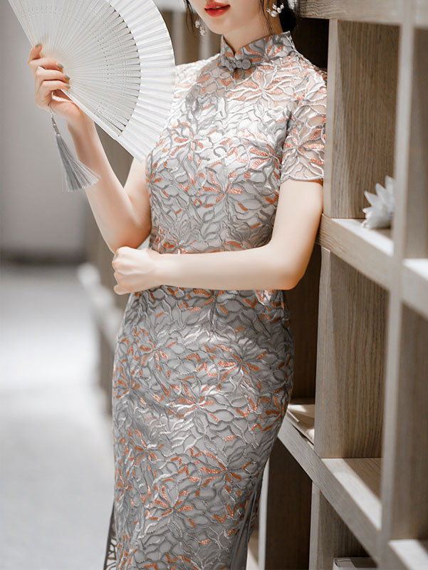 Illusion Gray Floral Lace Modern  Cheongsam Qi Pao Dress