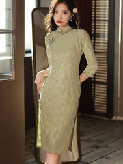 Green Red Floral Lace Mid Qi Pao Cheongsam Dress