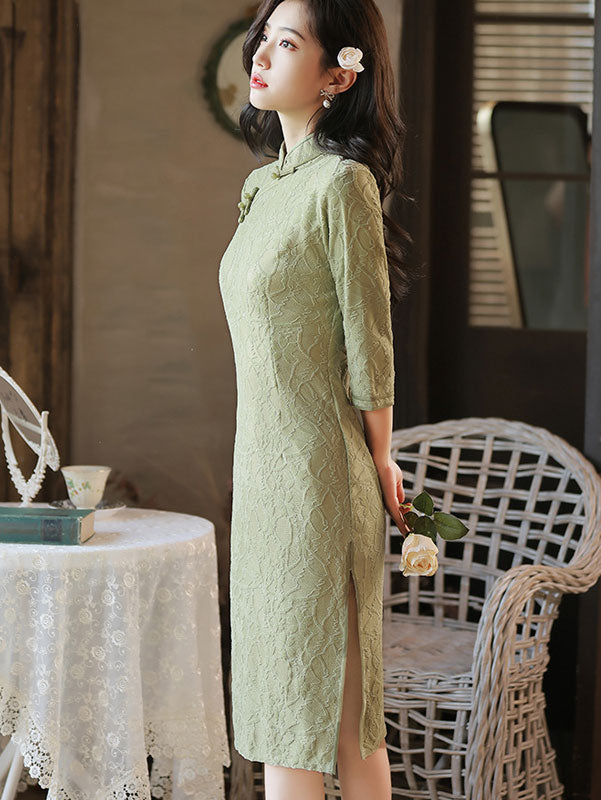 Green Red Floral Lace Mid Qi Pao Cheongsam Dress