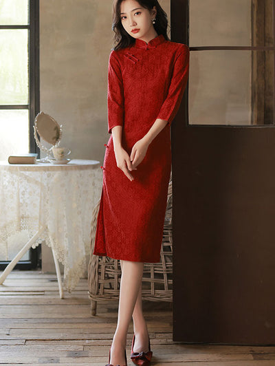 Red Lace Mid Wedding Cheongsam Qi Pao Dress