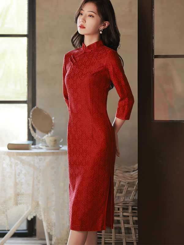 Red Lace Mid Wedding Cheongsam Qi Pao Dress