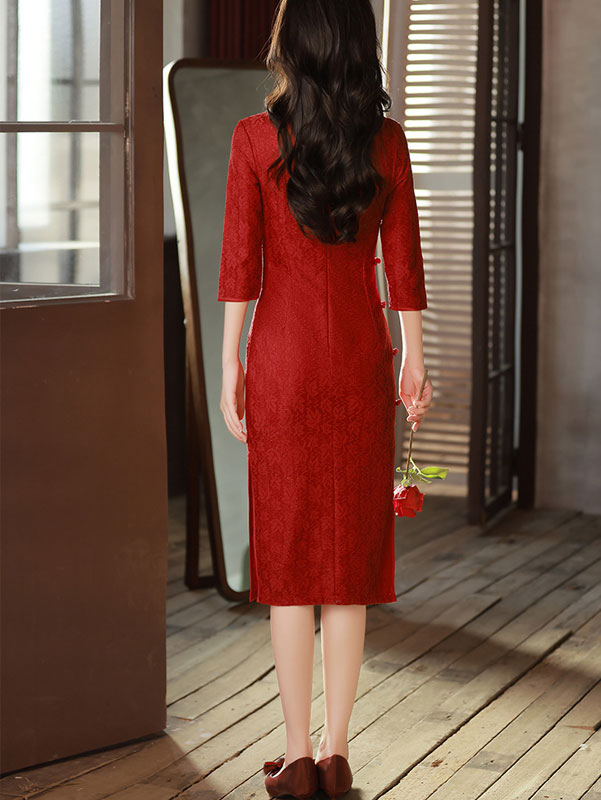 Red Lace Mid Wedding Cheongsam Qi Pao Dress