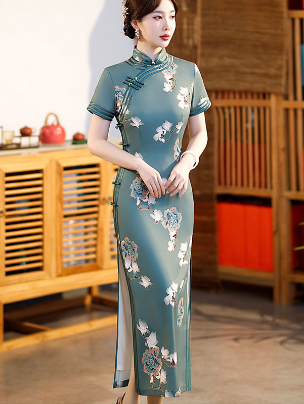 Blue Vintage Floral Maxi Cheongsam Qi Pao Dress