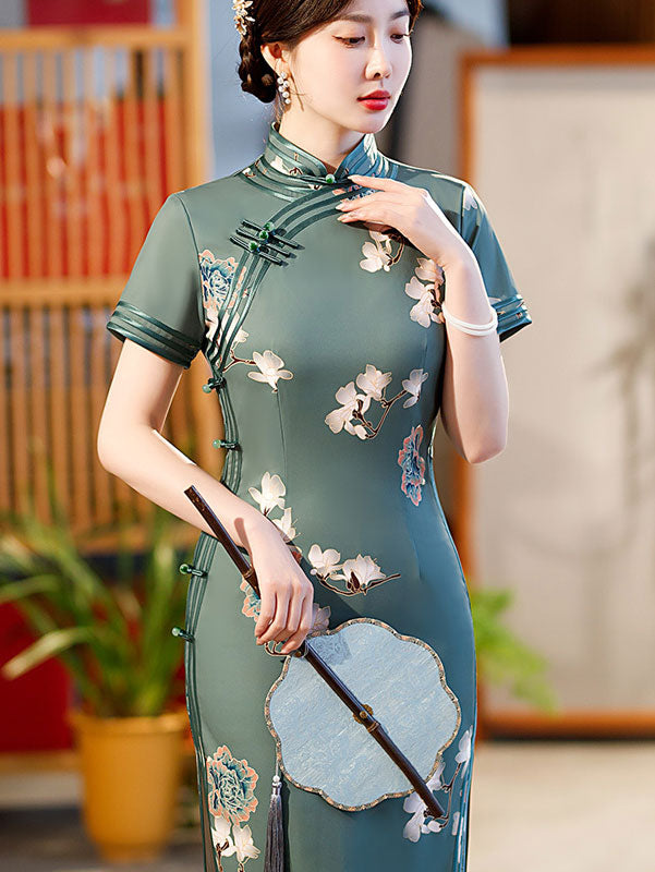 Blue Vintage Floral Maxi Cheongsam Qi Pao Dress