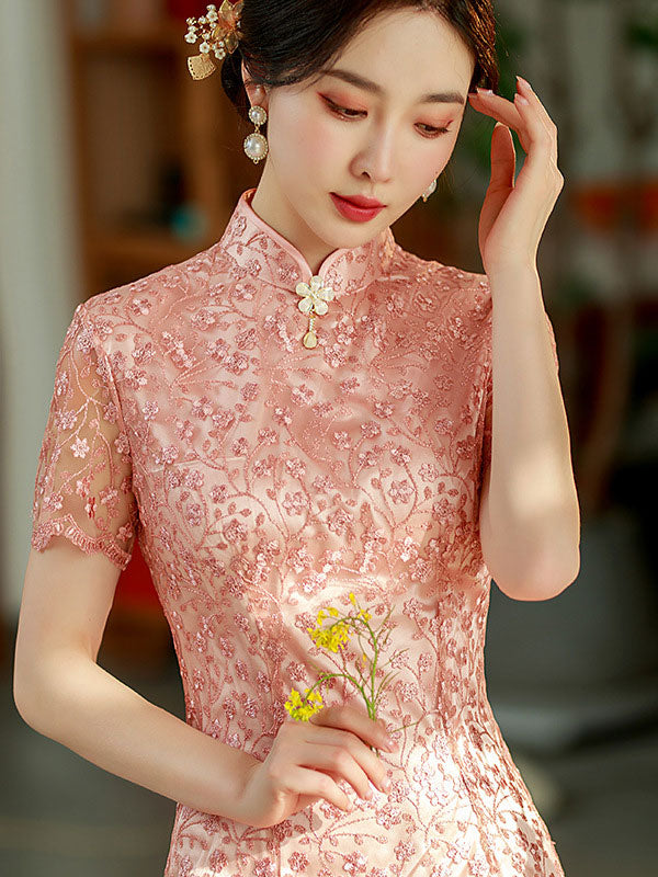 Pink Floral Lace Mid Qi Pao Cheongsam Dress