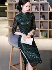 Green Sequined Lace Mothers Qi Pao Cheongsam Dress