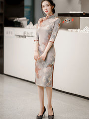 Gray Floral Mothers Winter Qi Pao Cheongsam Qipao Dress