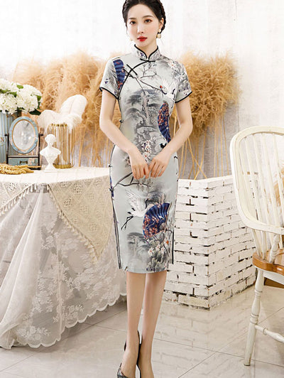 Vintage Chinese Painting Print Cheongsam Qi Pao Dress