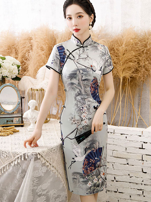 Vintage Chinese Painting Print Cheongsam Qi Pao Dress