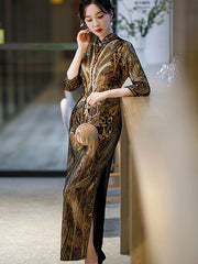 Gold Sequined Velvet Winter Qi Pao Cheongsam Dress