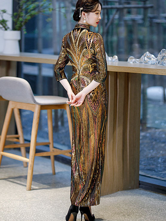 Gold Sequined Velvet Winter Qi Pao Cheongsam Dress