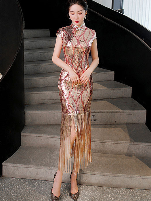 Stripe Sequined Cheongsam Qipao Evening Dress With Tassels Hem