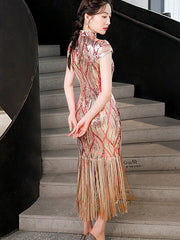 Stripe Sequined Cheongsam Qipao Evening Dress With Tassels Hem