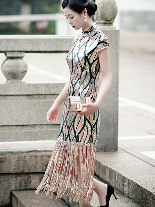 Stripe Sequined Cheongsam Qipao Evening Dress With Tassels Hem