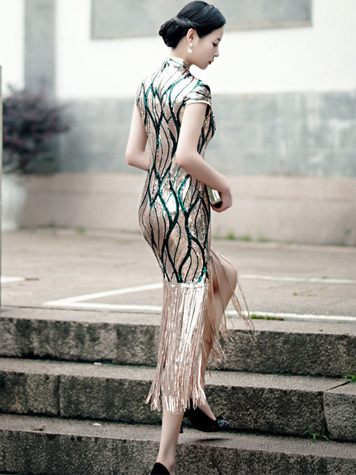 Stripe Sequined Cheongsam Qipao Evening Dress With Tassels Hem