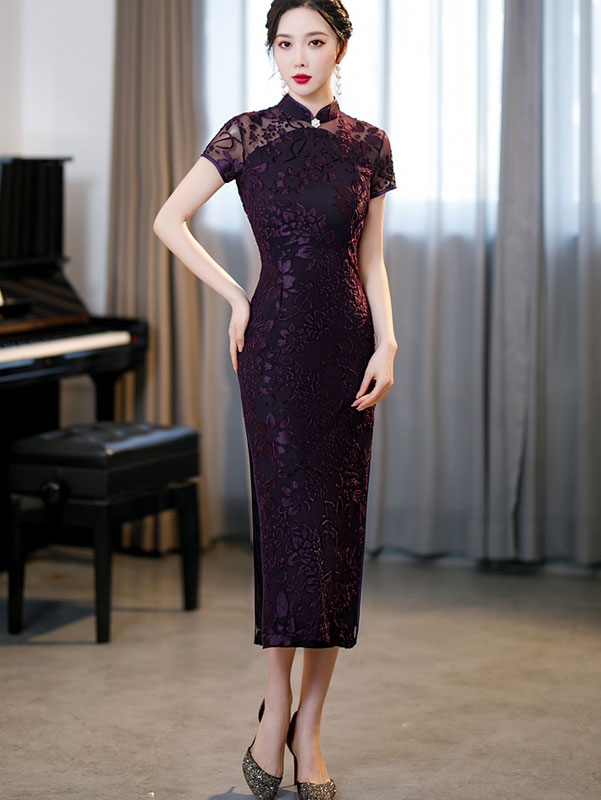 Purple Velvet Illusion Maxi Cheongsam Qi Pao Dress