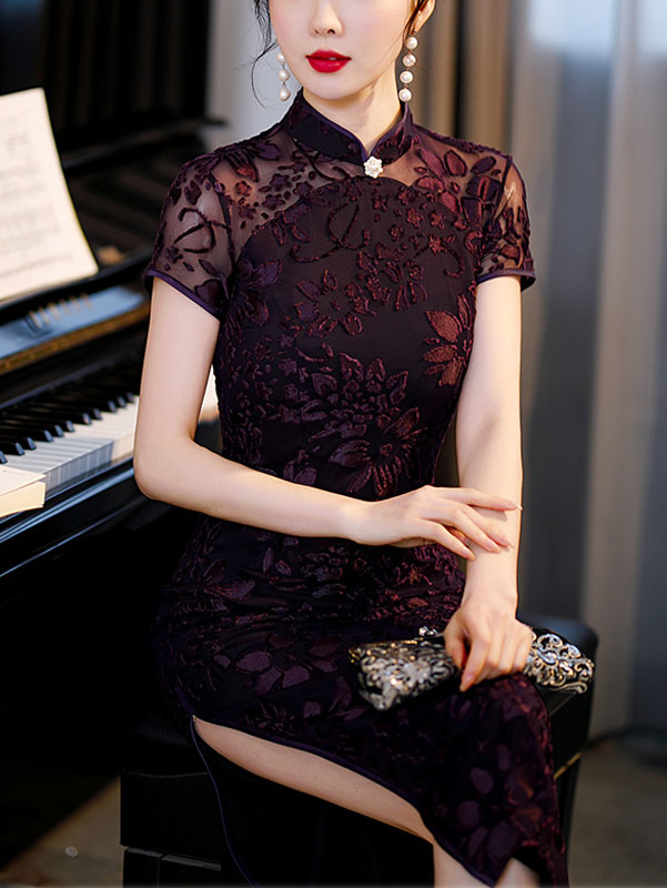 Purple Velvet Illusion Maxi Cheongsam Qi Pao Dress