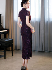 Purple Velvet Illusion Maxi Cheongsam Qi Pao DressPurple Velvet Illusion Maxi Cheongsam Qi Pao Dress