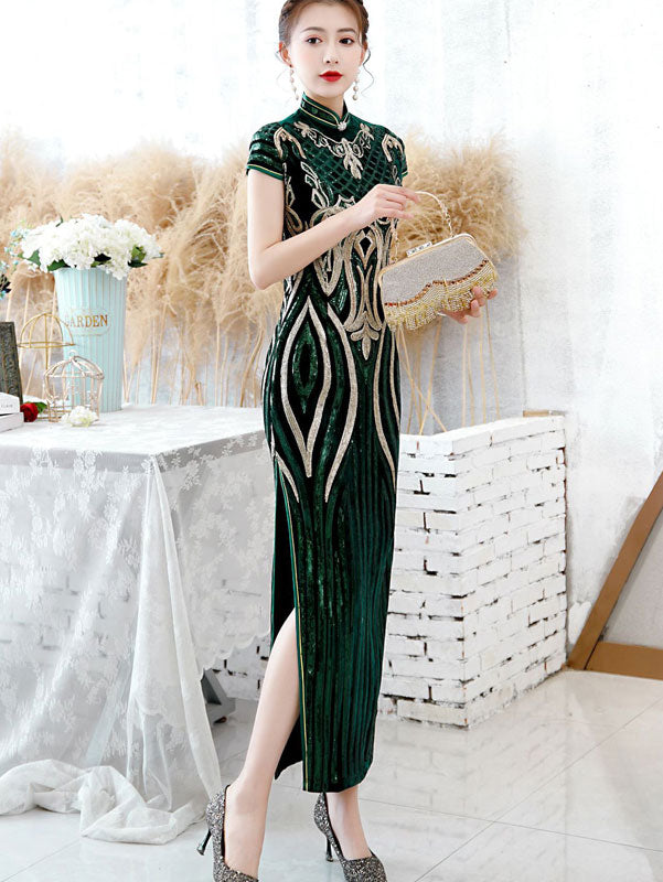 Green Sequined Velvet Full Qi Pao Cheongsam Dress