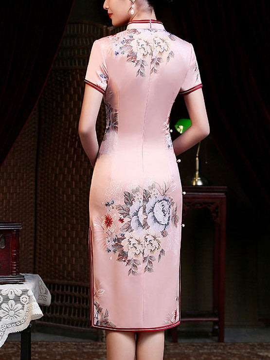 Pink Floral Mid Modern Qi Pao Cheongsam Dress