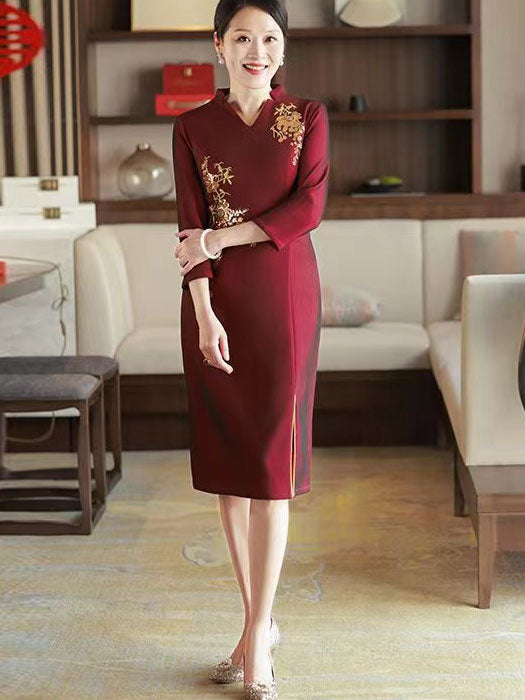 Red Bridal Mothers Sequined Winter Cheongsam Qi Pao Dress