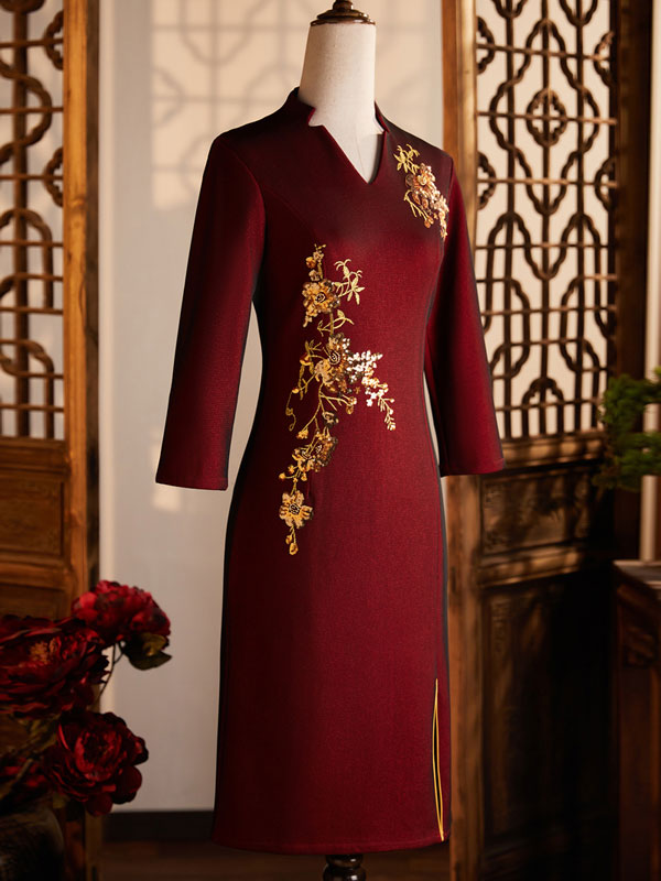 Red Bridal Mothers Sequined Winter Cheongsam Qi Pao Dress