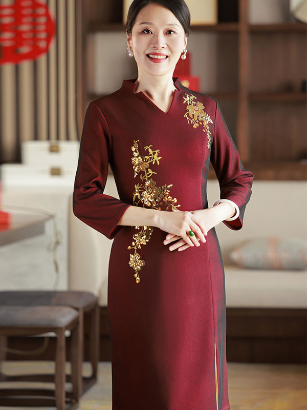 Red Bridal Mothers Sequined Winter Cheongsam Qi Pao Dress