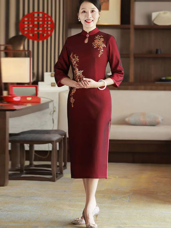 Red Mothers Tea Winter Wedding Cheongsam Qi Pao Dress