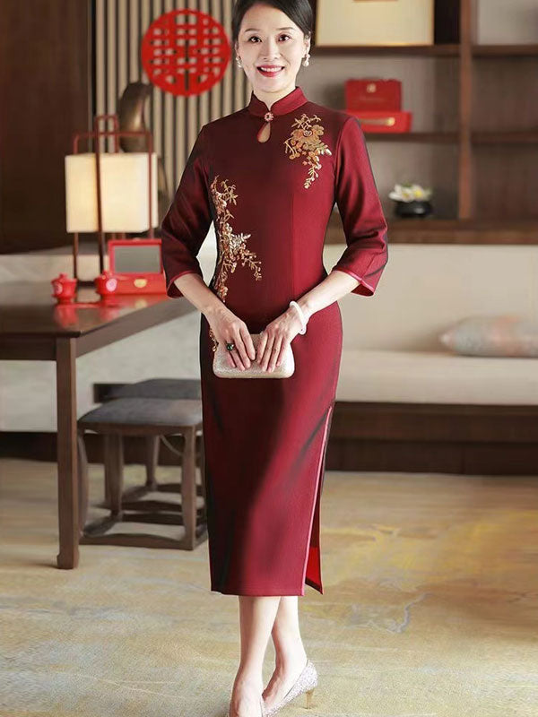 Red Mothers Tea Winter Wedding Cheongsam Qi Pao Dress