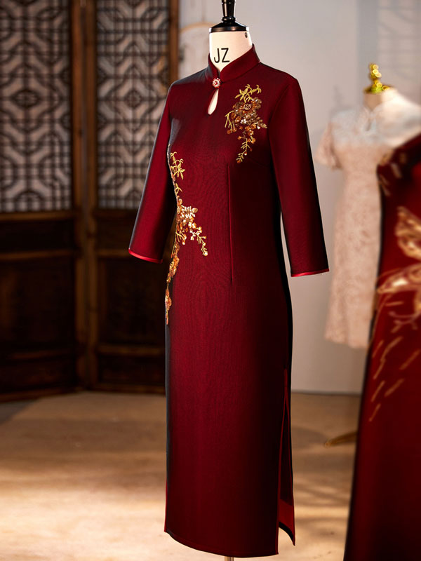 Red Mothers Tea Winter Wedding Cheongsam Qi Pao Dress