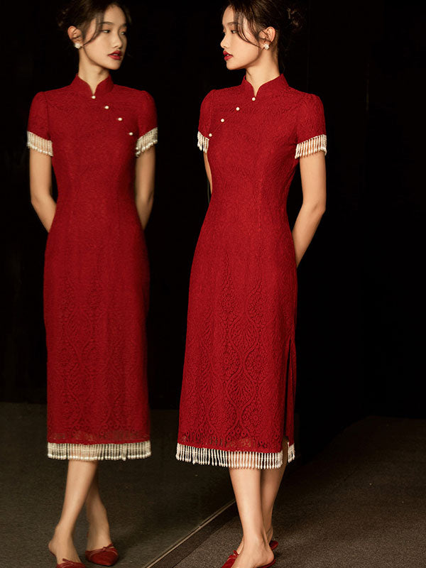 Burgundy Lace Wedding Bridal Cheongsam Qi Pao Dress with Beads