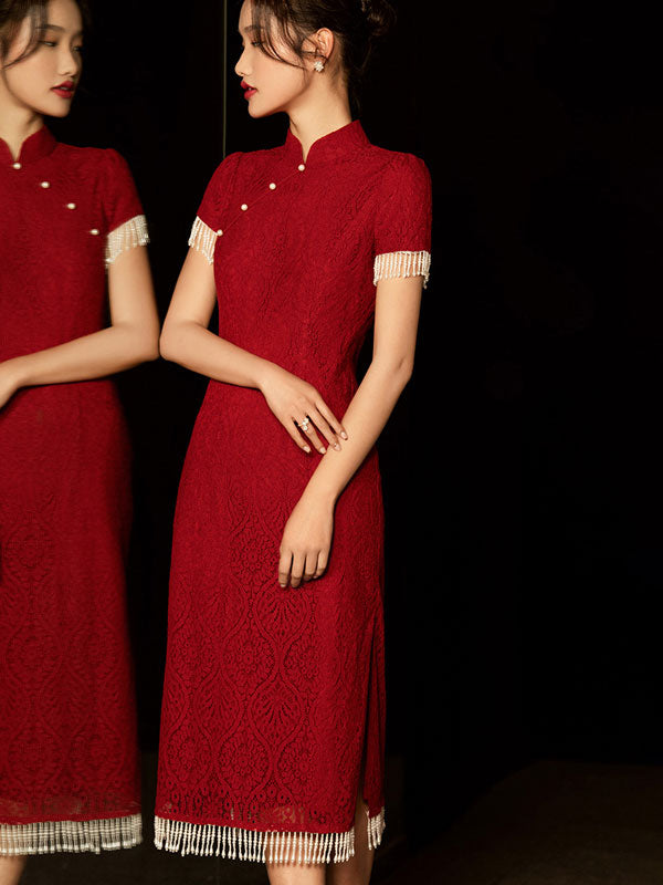 Burgundy Lace Wedding Bridal Cheongsam Qi Pao Dress with Beads