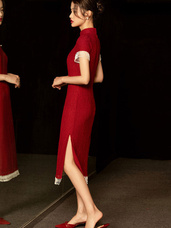 Burgundy Lace Wedding Bridal Cheongsam Qi Pao Dress with Beads