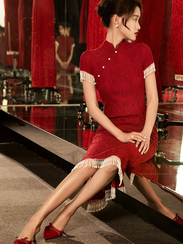 Burgundy Lace Wedding Bridal Cheongsam Qi Pao Dress with Beads