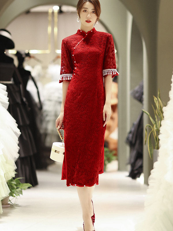 Burgundy Lace Wedding Cheongsam Qi Pao Dress with Half Sleeve