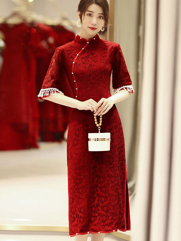 Burgundy Lace Wedding Cheongsam Qi Pao Dress with Half Sleeve