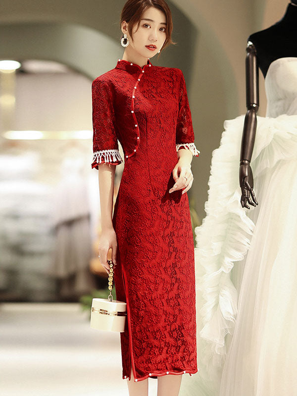 Burgundy Lace Wedding Cheongsam Qi Pao Dress with Half Sleeve