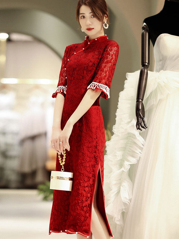 Burgundy Lace Wedding Cheongsam Qi Pao Dress with Half Sleeve