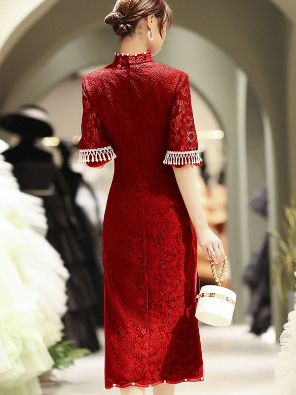 Burgundy Lace Wedding Cheongsam Qi Pao Dress with Half Sleeve