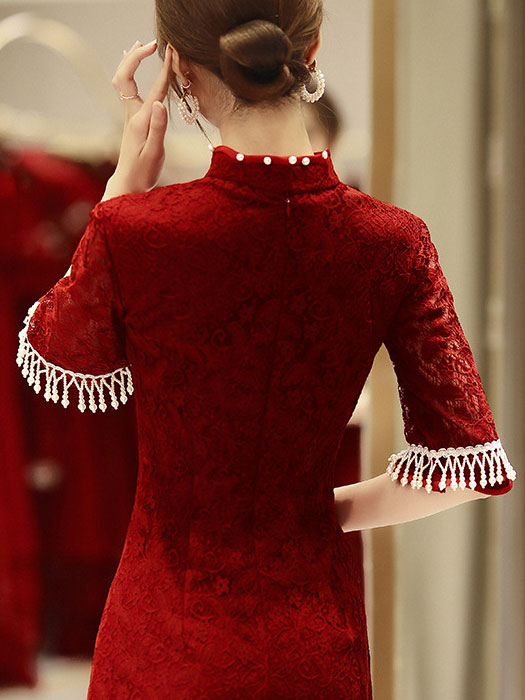 Burgundy Lace Wedding Cheongsam Qi Pao Dress with Half Sleeve